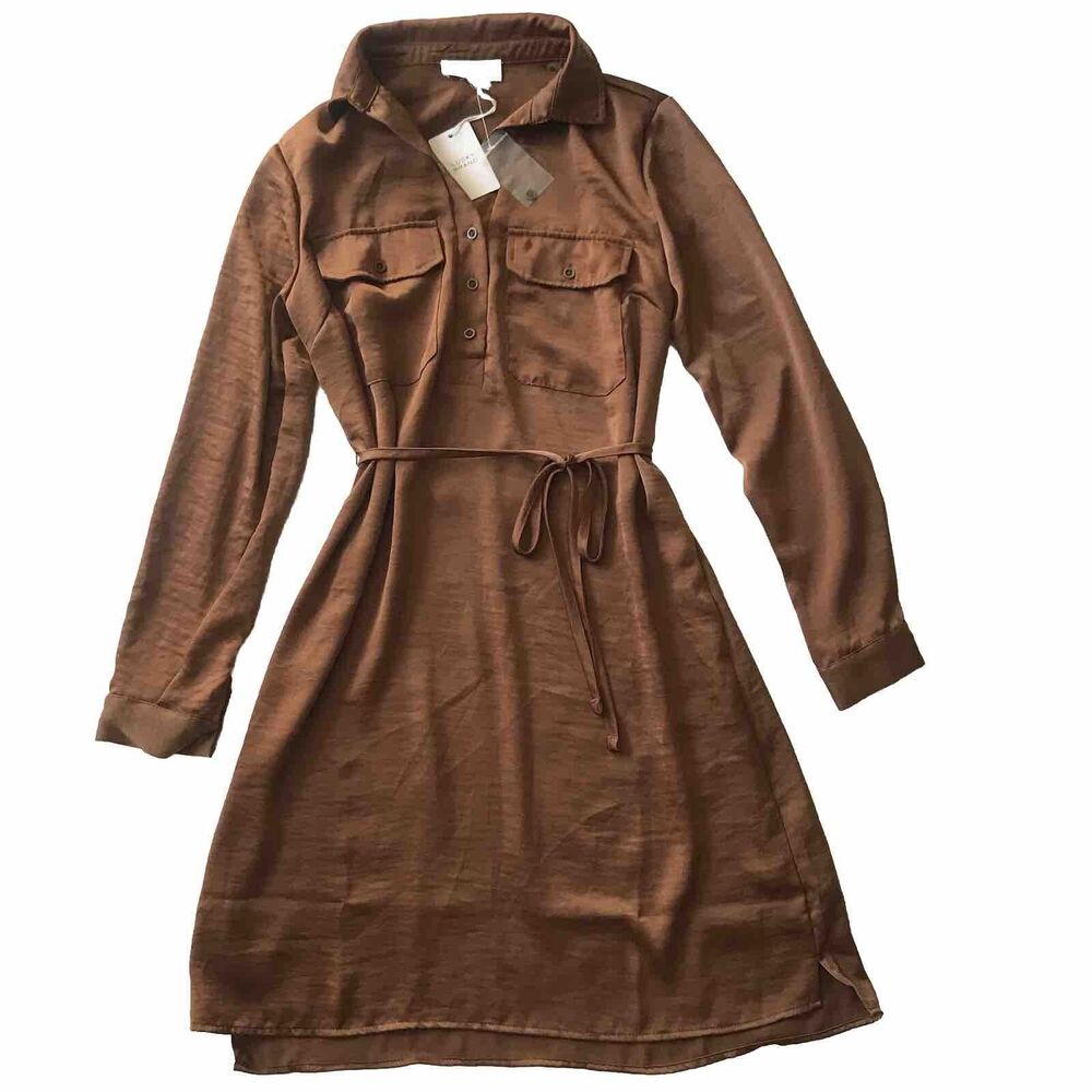 NWT Lucky Brand Long Sleeve Satin Shirtdress Pecan Pie Brown Tie Belt Dress SZ S
